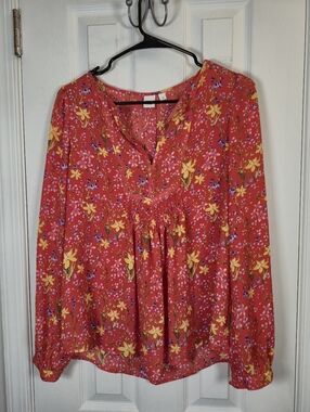 GAP Pintuck Pleat Floral Tunic Flowy Blouse Rust Orange & Yellow S Cottagecore